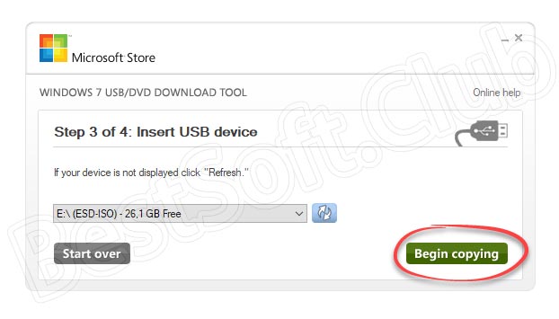 Начало записи флешки в Windows 7 USB DVD Download Tool