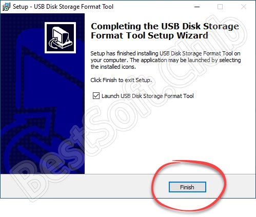 Завершение установки HP USB Disk Storage Format Tool