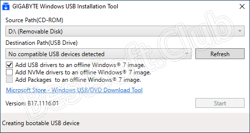 Пользовательский интерфейс Windows USB Installation Tool