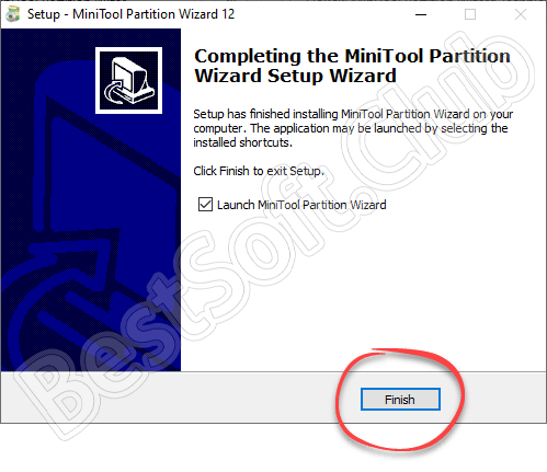 Завершение установки MiniTool Partition Wizard