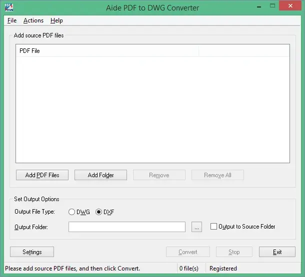 Интерфейс Aide PDF to DWG Converter